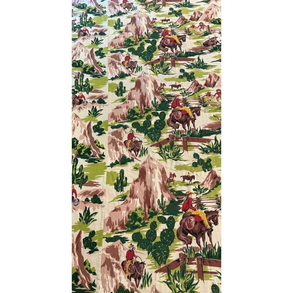 VTG Western Rodeo Horses Barkcloth Curtain Cowboys Cactus 73